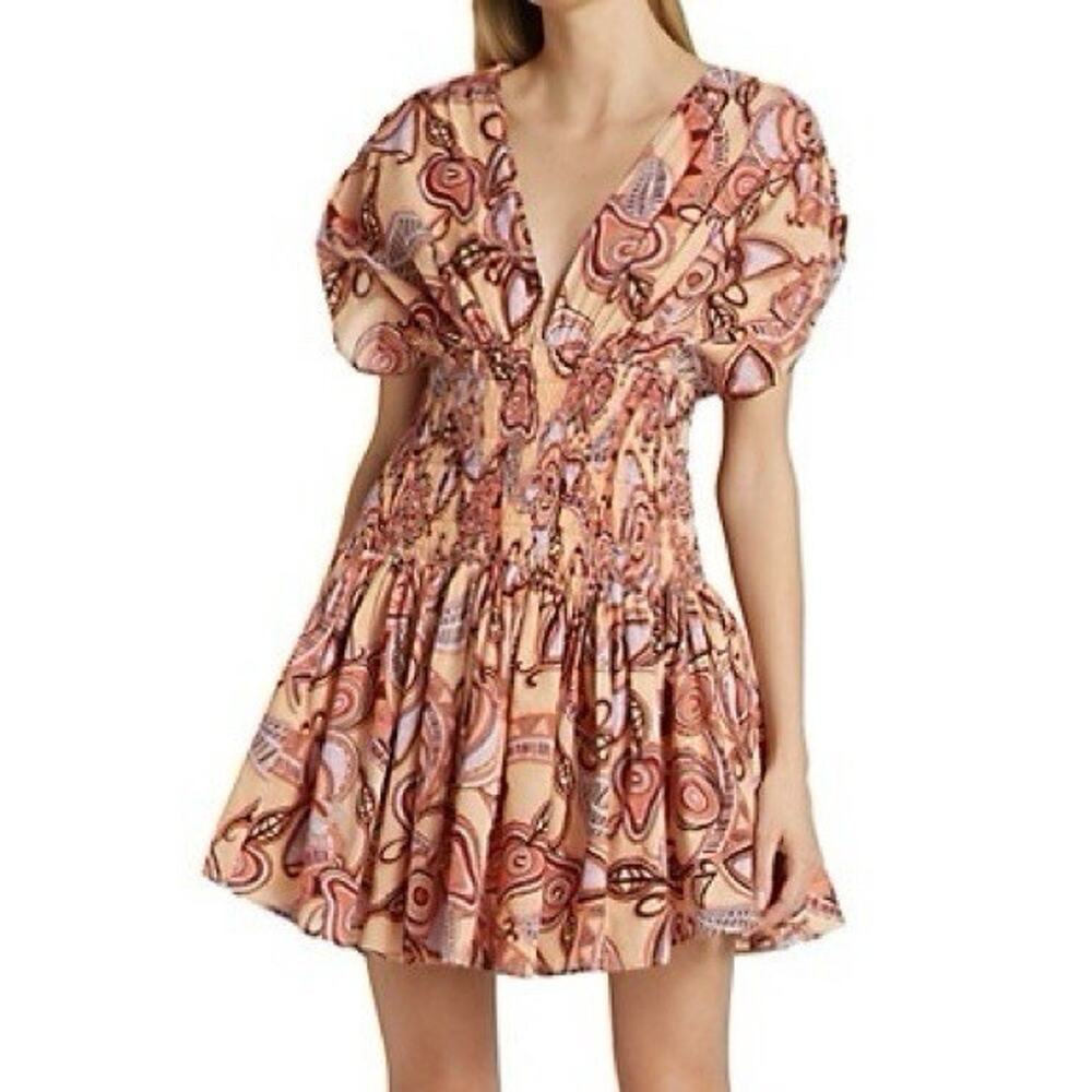 A.L.C. Luna Smocked Mini Dress Size 10 V-Neck Puff Sleeve Peach Printed Cottage